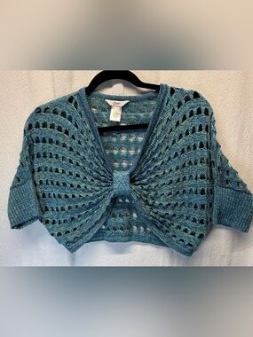 Candie’s Shrug Top Green & Blue Lurex Mesh Design Bow Detail Mermaid Vibe Sz XS